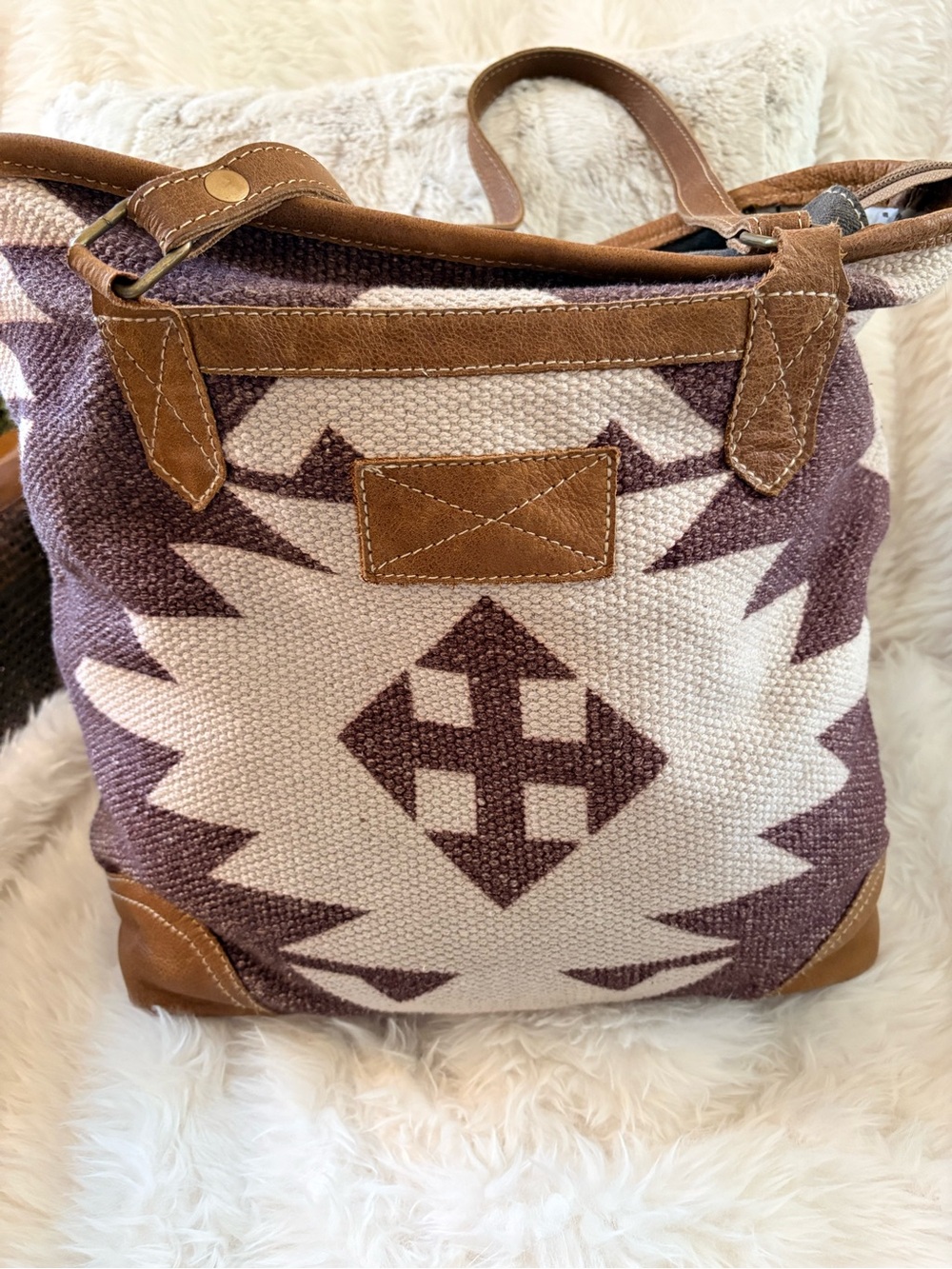 Myra Bag, Leather-Trim Purple & Cream Patterned Tote, Large